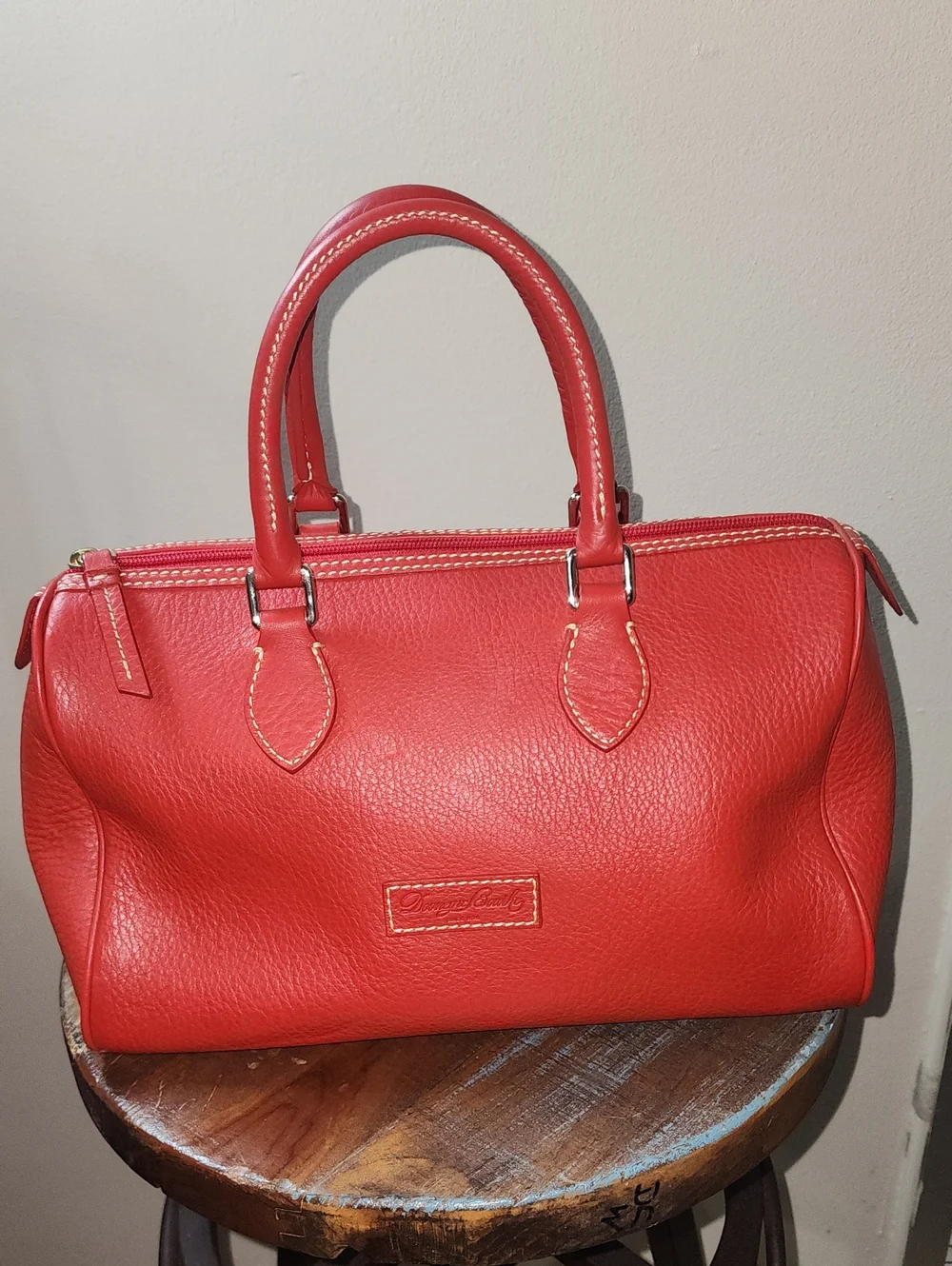 Dooney & Bourke Red Pebbled Soft Leather Barrel Satchel Purse